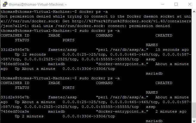 Anzeigen der gestarteten Container mit „docker ps -a“. Für den Einsatz von ASSP werden zwei Container benötigt. (Joos)