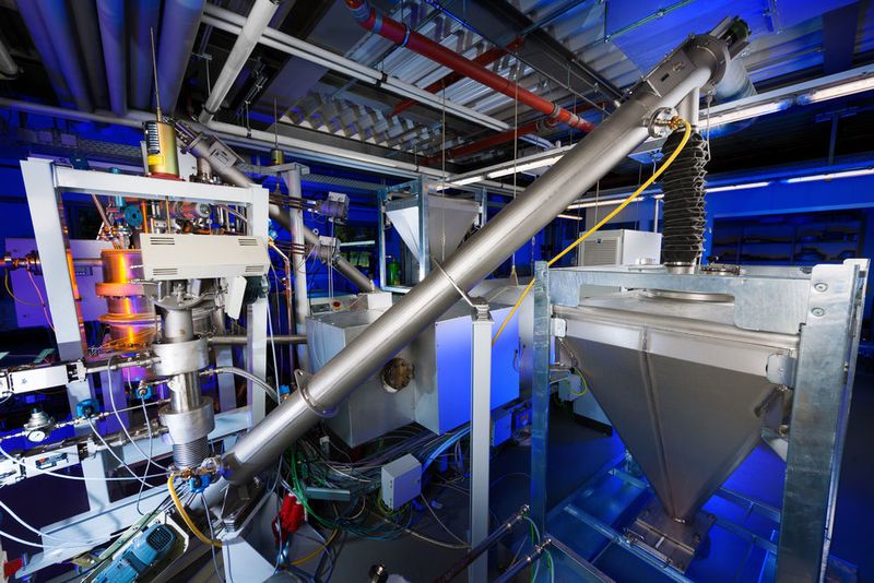 Kalk als günstiges Speichermaterial: Über ein Silo kann beliebig viel Kalk in Pulverform nachgeliefert werden. Der Kalk wird dann beim Vorbeifließen an Edelstahlrohren gebrannt und kann so die Wärme speichern. (Bild: DLR (CC-BY 3.0))