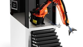 So sieht das smarte, robotergestützte AMF-Beladesystem für Fertigungssysteme in der Komplettansicht aus. Schubladen mit Rasterplatten nehmen diverste Rohteile auf. Ein Doppelgreifer übernimmt das sichere Be- und Entladen derselben. (Bild: AMF)