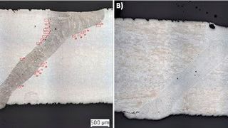 Passt man den Vorschub an, reduziert sich die Rissneigung: A) Standardparameter ergeben eine Risskonzentration an den Nahtflanken (rot). B) Mit optimierten Parametern reduziert sich das Problem auf vereinzelte Risse. (Bild: Fraunhofer IPK)