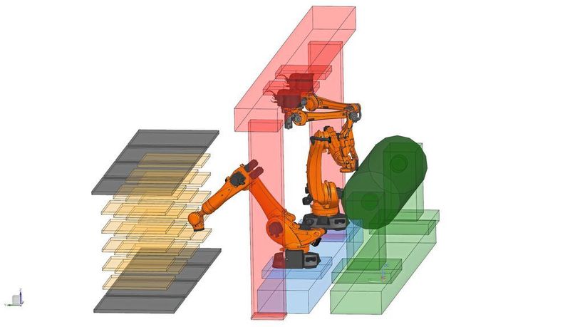 In zwei Greiferbahnhöfen wechseln die zwei Handlingroboter ihre Greifer selbstständig und können so verschiedenartigste Bauteile aus 20 Schwerlast-Schubladen entnehmen. (Arend Prozessautomation)