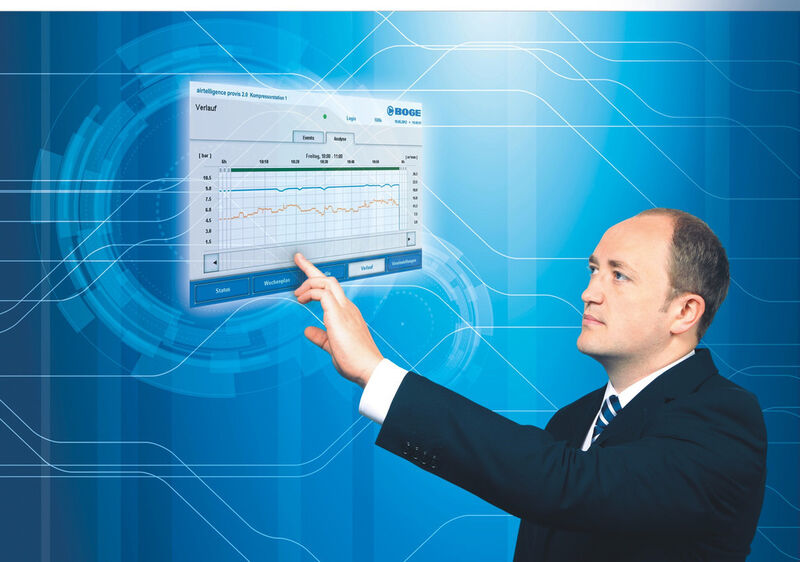 Peter Boldt, Teamleiter Entwicklung Elektronik bei Boge, demonstriert das intuitiv bedienbare Display der airtelligence provis 2.0. (Bild: Boge)