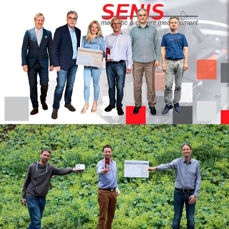 Die beiden Gewinner-Teams: Oben das Schweizer Team von Senis mit FAMAS, dem magnetischen Winkelsensor. Und das Team aus Österreich von MicroResonant mit dem fluidFOX.
