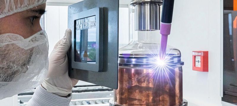 Produktion von Röntgenröhren unter Reinraumbedingungen im HEP Center von Siemens Healthineers – hier der Schweißprozess von Metall-Glas-Röntgenröhren.(Bild:  Siemens Healthineers)