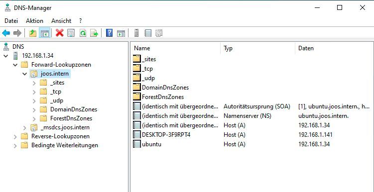 Domain Name Services (DNS) in einem Samba-AD können auch mit Windows-Tools verwaltet werden. (Bild: Microsoft / Joos)