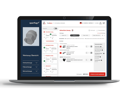 Spanflug Make ist jetzt mit Tool-Select von Ceratizit verknüpft: Aus dem CAD-Modell entsteht so in Sekunden eine vollständige, optimierte Werkzeuglösung.(Bild:  Spanflug/Ceratizit)