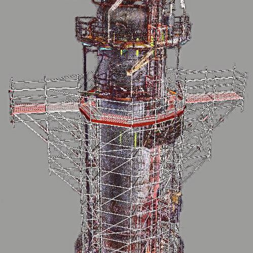 Durch 3D Gerüstplanung konnte die nicht-alltägliche Gerüstkonstruktion in 65 Meter Höhe präzise geplant werden.(Bild:  Bilfinger)