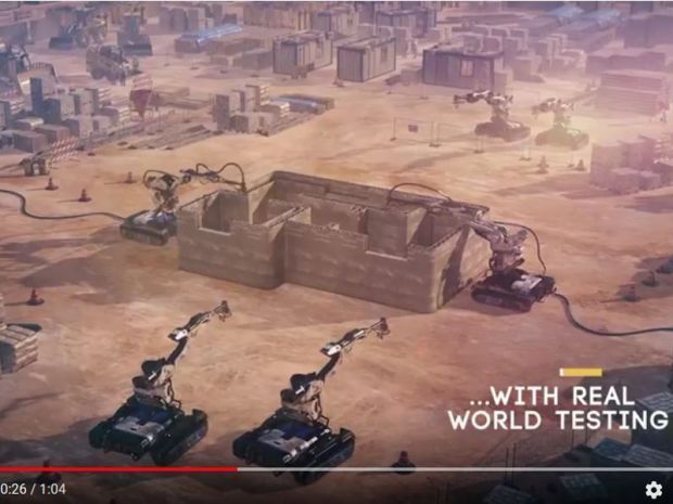 Platz 2: Cazza ConstructionDas Unternehmen Cazza Construction Technologies stammt aus Dubai. Die 3D-Drucker des Unternehmens sehen aus wie Roboter und sind in der Lage, bis zu 5 Meter hohe Gebäude ‚auszudrucken‘. Da sich die Roboter auf einer mobilen Plattform befinden, können sie auf der Baustelle selbstständig umherfahren und dort arbeiten, wo sie gebraucht werden.  (Bild: Cazza)