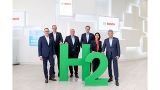 Die Geschäftsführung von Bosch (v.l.): Rolf Najork, Mitglied der Geschäftsführung der Bosch-Gruppe; Christian Fischer, stellvertretender Vorsitzender Robert Bosch GmbH; Stefan Hartung, Vorsitzender der Geschäftsführung Robert Bosch GmbH; Markus Heyn, Mitglied der Geschäftsführung der Bosch-Gruppe; Filiz Albrecht, Mitglied der Geschäftsführung der Bosch-Gruppe und Markus Forschner, Mitglied der Geschäftsführung der Bosch-Gruppe. (Bosch)