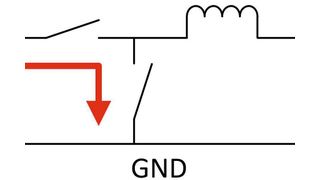 Bild 1: Konzept eines einfachen abwärtswandelnden Schaltreglers während der Totzeit. (Bild: ADI)