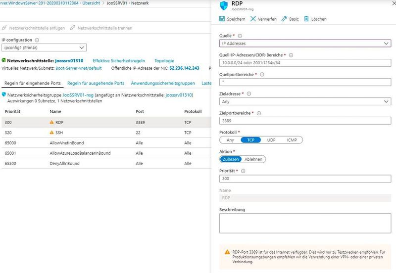 Der Zugriff per RDP und SSH kann über IP-Adressen gefiltert werden. Bei produktiven Servern sollten hier Regeln angepasst werden. (Joos)