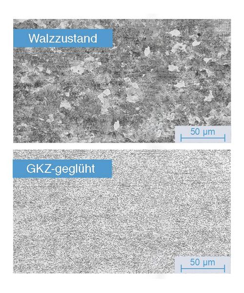 Gefüge eines Vergütungsstahls im gewalzten (oben) und im GKZ-geglühten Zustand (unten). (Bild: Thyssenkrupp Hohenlimburg)