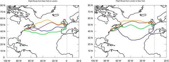 Simulierte Reiseroute eines solarbetriebenen Luftschiffs im Januar (Winter, blaue Linie), April (Frühling – grün), Juli (Sommer – orange) und Oktober (Herbst – braun), zwischen New York und London (links) beziehungsweise London nach New York (rechts). Die maximale Reisehöhe beträgt 3.020 Meter. (Bild:  FAU)