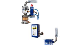 Heliomix-S – Zwei-Komponenten-Fördergerät mit Entstaubung, dazugehöriger Steuerung und separatem Staubsammelfass (Bild: Helios)