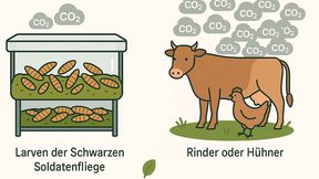 Eine neue Studie des FBN zeigt erstmals systematisch, wie Futterzusammensetzung die Treibhausgasemissionen bei der Aufzucht von Soldatenfliegenlarven beeinflusst.  (Bild: GPT Image Editor / KI-generiert)