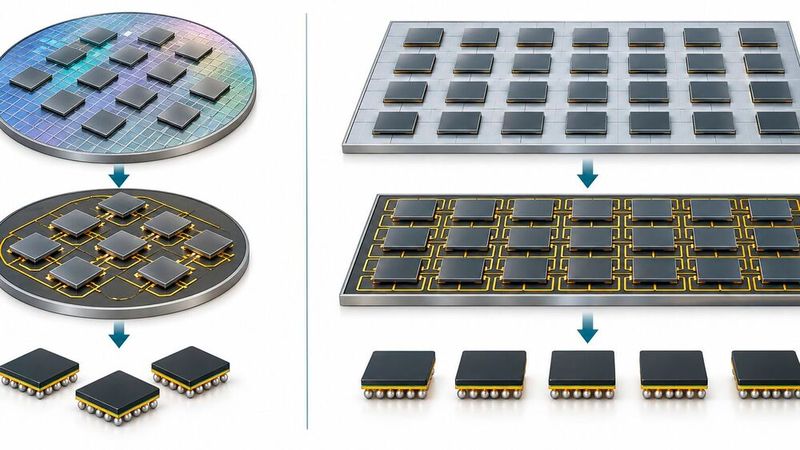 Beim Fan-out Panel-Level Packaging (rechts) werden die vereinzelten Dies statt auf einem runden Wafer auf einem rechteckigen Panel angeordnet und anschließend gemeinsam weiterverarbeitet. Gegenüber dem waferbasierten Fan-out (links) lässt sich die verfügbare Fläche dadurch effizienter nutzen und eine größere Zahl von Packages parallel fertigen.(Bild:  Dall-E / KI-generiert)