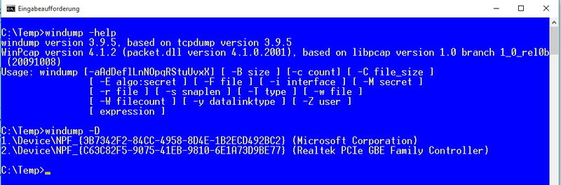 Die Optionen von Windump funktionieren generell ähnlich wie Tcpdump. Auch hier lassen Administratoren mit „windump -help“ eine Hilfe zu den möglichen Optionen anzeigen. Um einen bestimmten Adapter zu verwenden hilft die Syntax „WinDump -i “. Welche Adapter zur Verfügung stehen, zeigt das Tool mit „windump -D“ an. (Bild: Thomas Joos)