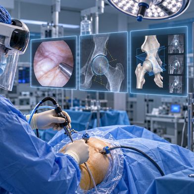 Hüftarthroskopie mit Video-See-through-Headset. Eingeblendet sind Arthroskopiebild, CT-Daten und Planung; ein konventioneller Monitor dient als zusätzliche Anzeige. (KI-generiert / Redaktion Devicemed)