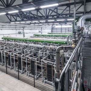 In drei sogenannten Arrays sind die einzelnen Elektrolyse-Module miteinander und mit dem H2-Verbundnetz am Standort verknüpft.(Bild:  BASF)