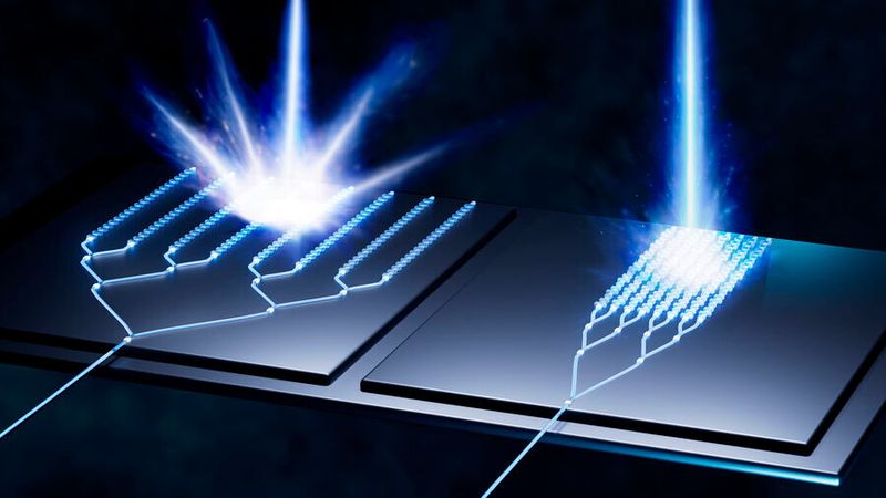 Ein optisches Phased-Array (OPA) wirkt einem starken optischen Übersprechen entgegen. Zu diesem Zweck ist die Antennengeometrie asymmetrisch angeordnet.(Bild:  Amy Pan / MIT)