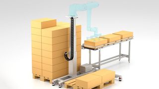 Mit der neuen Hubsäule für kollaborierende Roboter (Cobots) lassen sich Palettieraufgaben einfach realisieren. (Bild: Item)