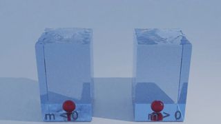 Illustration der negativen Masse anhand eines Golfballs im Wasserglas. Der Fall eines herkömmlichen Golfballs wird durch das Wasser gebremst. Ein Golfball negativer Masse würde hingegen durch den Reibungswiderstand beschleunigt werden.  (Bild: © Felix Hofmann)