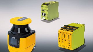 Zur Pilz-Komplettlösung gehören der Sicherheitslaserscanner PSENscan (Kollisionschutz von Mensch und FTS, siehe links), das modulare Sicherheitsrelais myPNOZ (als eine von zwei möglichen Auswerteeinheiten, siehe rechts) sowie die Industrial Firewall SecurityBridge (Manipulationsschutz, siehe hinten). (Bild: Pilz GmbH & Co. KG)