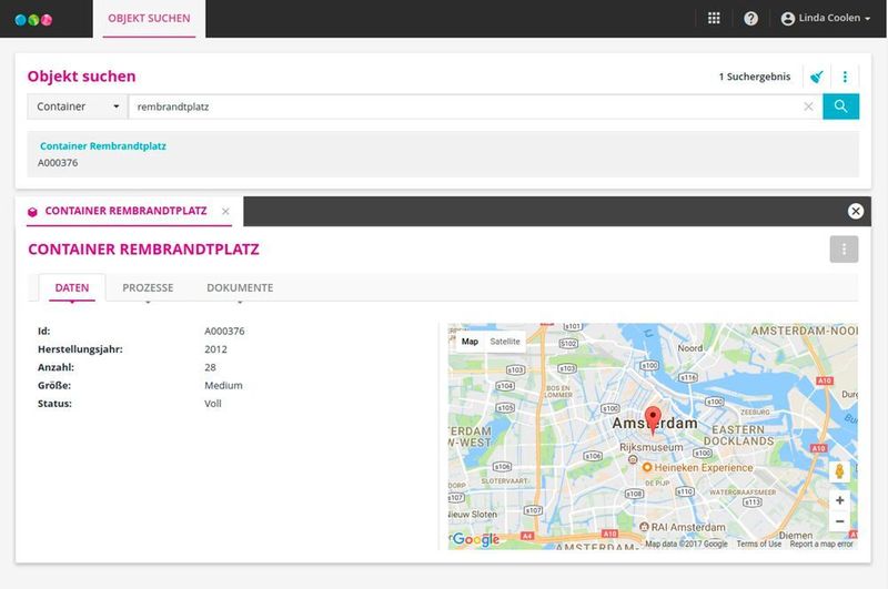 Wird ein Müllcontainer als virtuelles Objekt definiert, sind im System Hinweise zu ID, Standort, Größe, Baujahr, Hersteller und zum für die Leerung verantwortlichen Entsorgungsunternehmen hinterlegt (BCT)