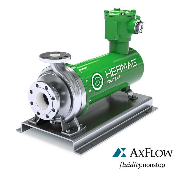 Hermetische Spaltrohrmotorpumpe von Hermag mit ISO 2585 Anschlussmaßen und Pumpengehäuse aus Edelstahl, neu bei Axflow (Axflow)