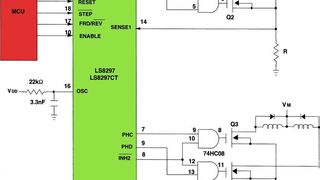 Eine typische Applikation des Ansteuerbausteins LS8297 bzw. LS8297CT für einen Vier-Phasen-Unipolarmotor mit diskreten MOSFETs (Q1-4 sind PowerMOSFETS für 5-V-Gate-Treiber) (Archiv: Vogel Business Media)