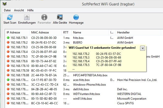 Abbildung 8: WiFi Guard erkennt verbundene Geräte im WLAN und kann auch die IP-Adresse, sowie den Hersteller anzeigen. (Bild: Joos)