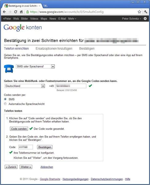 Hat man diesen SMS-Code erhalten muss man ihn ins darunterliegende Feld eingeben und durch Klick auf „Bestätigen“ verifizieren lassen. Dadurch ist dann die entsprechende Telefonnummer mit dem Konto verbunden. (Archiv: Vogel Business Media)