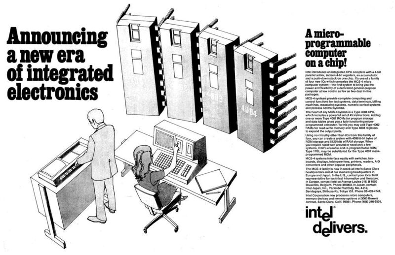 Eine Intel-Werbung von 1971 für den 4004 und seine drei Zusatzchips. (Intel)