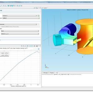 Simulation einer Halbleiter-Ionenimplantationsapperatur im Microfluidics Modul, um den Druck entlang des Ionenstrahlpfades zu minimieren. Das Diagramm zeigt den Druck auf den Oberflächen des Vakuumsystems. Zwei Wände wurden entfernt, so dass das Innere der Kammer sichtbar ist. 