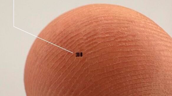 Focus on Dimensions: A complete Wheatstone bridge circuit on the tip of a finger illustrates the high degree of miniaturization in Digid's sensor technology.(Image: Digid)