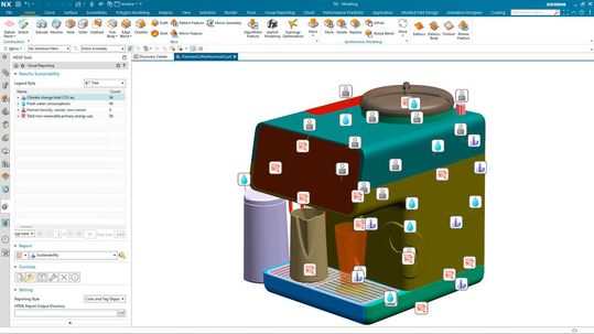 Im Mittelpunkt der aktuellen Version der Produktentwicklungslösung NX steht die Unterstützung von Konstrukteuren bei der Entwicklung ressourcenschonender Produkte mithilfe von EN15804-basierten Nachhaltigkeitskennzahlen.(Bild:  Siemens Digital Industries Software)