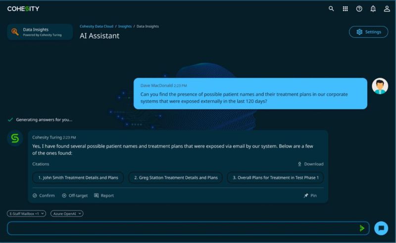 Die GUI des Gaia-Assistenten ist einfach gehalten. Links unten gibt es einen Verweis auf ein LLM: Azure OpenAI. Der Nutzer kann die Antworten, die Gaia liefert, akzeptieren oder ablehnen. Dadurch lernt das Modell, treffsicherer zu werden. (Bild: Cohesity)