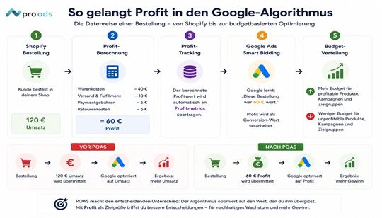 So gelangt Profit in den Google-Algorithmus: Aus einer Bestellung wird ein Profitwert. Aus einem Profitwert werden bessere Budgetentscheidungen.(Bild:  Pro Ads Marketing)