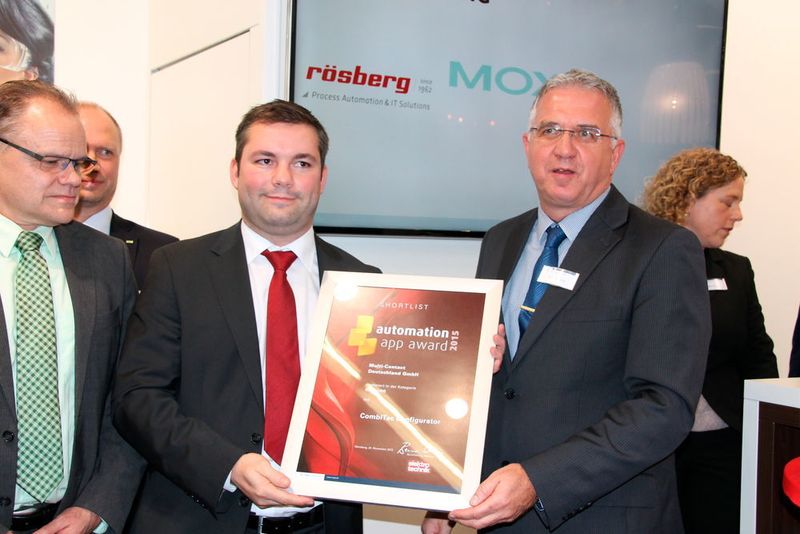 v.r. Bernd Weinig, Publisher der Medienmarken elektrotechnik und konstruktionspraxis, überreichte Alexander Hornung von Multi-Contcat eine Urkunde für die Shortlist-Platzierung beim automation app award 2015 in der Kategorie Katalog. (elektrotechnik)