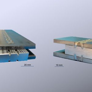 Ein im Rahmen des Verbundprojekts entwickelter Aluminium-Stahl Adapter frontal und im Querschnitt. Maßstäbe: 20 Millimeter (links) und 10 Millimeter (rechts).([Bild: , Bild: ] LZH)