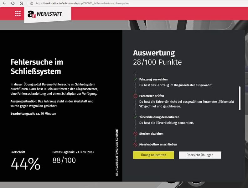 Der User kann sich nach jeder Übung eine detaillierte Auswertung seiner Arbeit anzeigen lassen und daraus lernen. (Bild: autoFACHMANN)