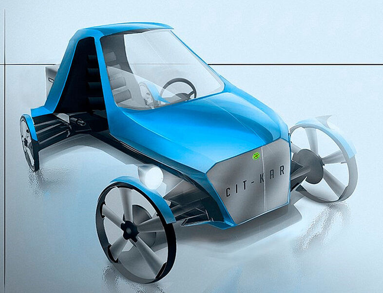 Die Cit-Kar-Vision soll bald schon Wirklichkeit werden: Das Leichtfahrzeug unterscheidet sich von der Konkurrenz durch Wetterschutz und Fahrkomfort. Ebenso punktet das Konzept mit einer Reichweite von 200 km und einer Zuladung von 300 kg. (Cit-Kar)