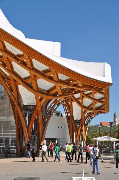 Sowohl für das neue Swatch-Hauptquartier in Biel, das Centre Pompidou in Metz (hier im Bild) als auch für das mehr als 20 Jahre alte EXPO-Holzdach der Hannover Messe sind auf Krüsi-Maschinen massgefertigte Holzbauteile erstellt worden.  (Bild: Holzbau Amann GmbH)