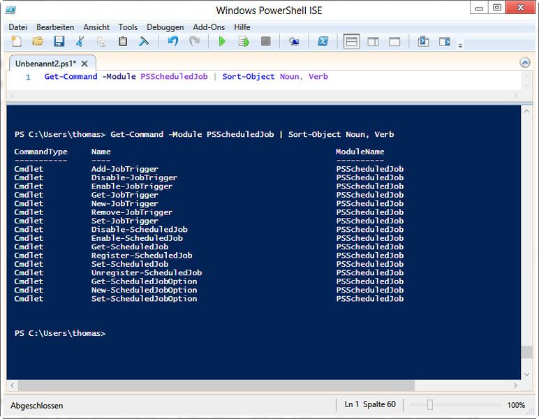 Die neue PowerShell erlaubt auch den Zugriff auf die Aufgabenplanung. Dazu gibt es verschiedene CMDlets mit denen sich neue Aufträge erstellen oder vorhandene bearbeiten lassen. Eine komplette Liste dieser Cmdlets lässt sich mit dem Befehl Get-Command -Module PSScheduledJob | Sort-Object Noun, Verb anzeigen. (Archiv: Vogel Business Media)