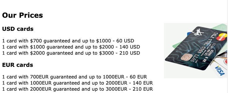Kreditkarten aus dem Darknet – gegliedert in US-Dollar und Euro: Geklonte und gestohlene Kreditkarten oder auch Nutzerdaten, welche Kriminelle durch Skimming ausgelesen haben, bieten die Verkäufer in gewerblich anmutenden Angeboten an. Zu günstigen Preisen und mit einem hohen Kreditrahmen. (Bild: Bitdefender)