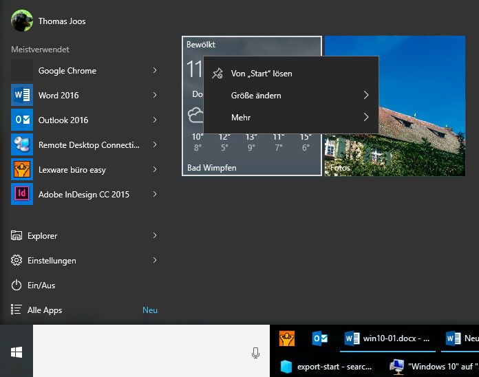 Natürlich stehen zur Verwaltung des Startmenüs auch die Möglichkeiten aus Windows 8.1 zur Verfügung. Über das Kontextmenü von Kacheln lassen sich diese aus dem Startmenü entfernen, hinzufügen, in der Größe ändern und die Livekachel deaktivieren. Über die Ränder des Startmenüs lässt sich die Größe anpassen.  (Bild: Joos)
