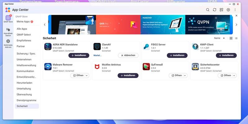 Die Kategorie Sicherheit im App Center führt ClamAV neben Malware Remover, McAfee Antivirus, QuFirewall und weiteren Werkzeugen. (Bild: Joos)