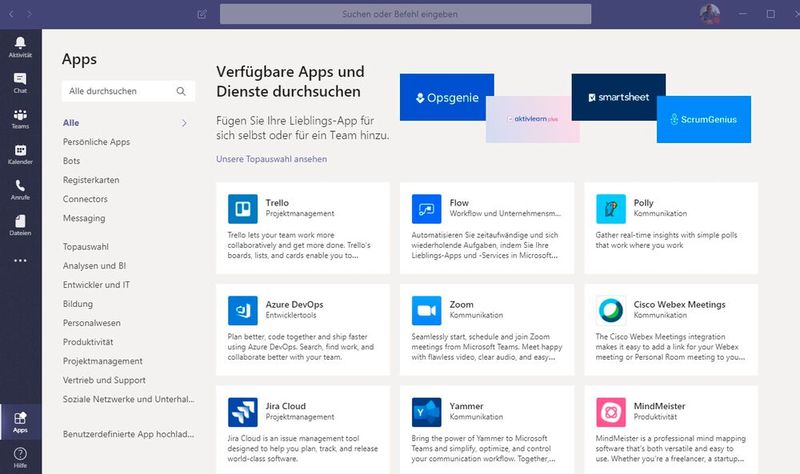 In Teams lassen sich auch bekannte Homeoffice-Apps wie Trello, Zoom oder Flow einbinden. (Bild: Joos / Microsoft)
