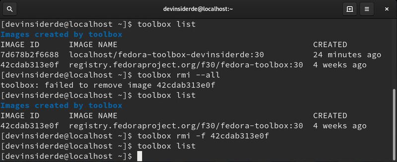 Gleiches gilt auch für das Entfernen von Images, auch hier muss man mitunter den force-Parameter verwenden. (Augsten / Fedora Silverblue)