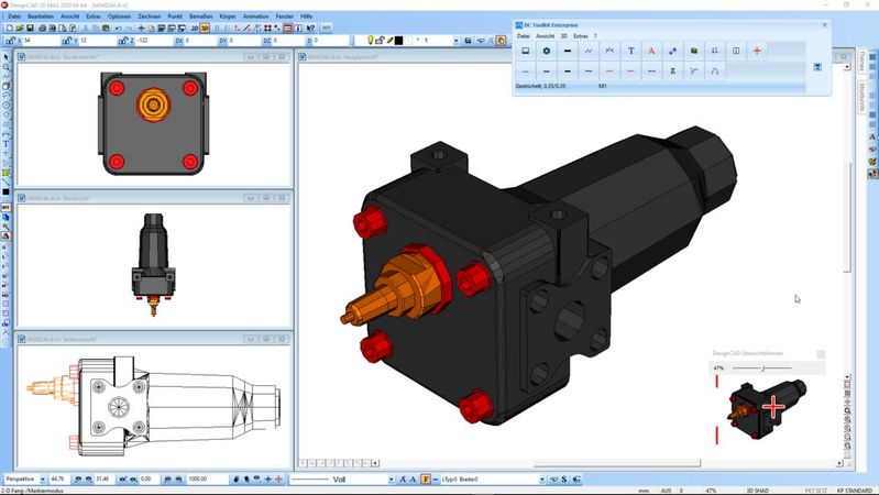 Design-CAD 3D MAX arbeitet mit einer eigenen Engine und unterstützt 3D-Solids, Flächenmodelle oder Freiformflächen.